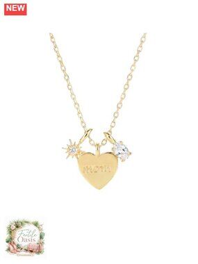 MOM Heart Pendant Necklace 14k Gold Plated CZ Charm